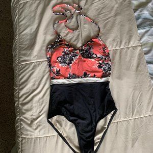 Sea Angel Swimsuit, Black and Mango Floral, Size M